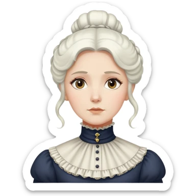 Victorian woman with white coiffed hair, modest turtleneck Victorian dress, and an awestruck expression sticker