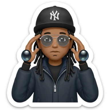 African American man with shoulder length black dreadlocks wearing black sunglasses with black bubble winter coat wearing a New York Yankees baseball hat with his hands on top of head in thinking position sticker