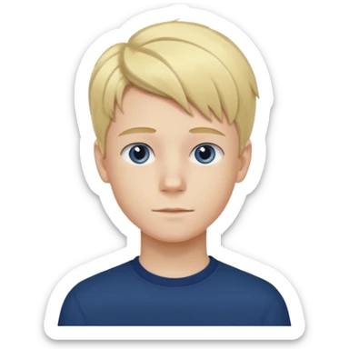 A portrait of a 14-year-old boy, he's got fair blond and yellowish ivy league hair, fair skin and blue eyes. he's wearing a dark blue longsleeve. he's calm. sticker
