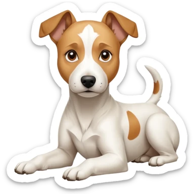 a full body facing front on of a buff white parson russell terrier looking dog the size of a kelpie with light brown long ears resting on its face and a light brown patch above one eye and a large snout. the rest of the dog is completely white.  sticker