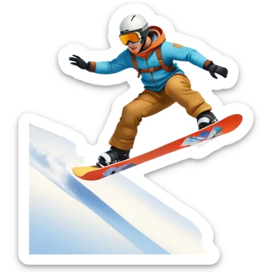 An icon showing a snowboarder performing an exciting jump on a snow-covered slope. The background features towering mountains, snow-covered trees, and a bright, clear sky. Transparent background highlights the speed, agility, and thrill of snowboarding. sticker