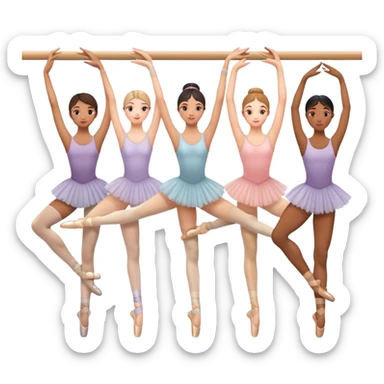 "Icon for Choreography: a group of dance students stretching, holding one hand on a long barre along the wall. The icon should capture the disciplined and graceful nature of ballet practice. Transparent background. sticker