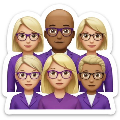 FIVE person team; 2 men and 3 women.  All dressed in yellow or purple.  
1 caucasian woman with blonde mid length hair
1 caucasian woman has ash blonde hair tied up.  
1 man is African-american and bald
1 man is caucasian and very little hair left.  
All have glasses sticker