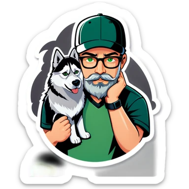 A bold man with a grey baseball cap, green eyes, big beard and glasses holding a husky dog sticker