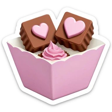 Two sharp-edged square milk chocolate pralines placed diagonally, each in a white fluted paper candy cup, with smooth glossy coating.
Flat thin pastel pink heart icing centered on top with subtle sugar crystal sparkle, clean studio lighting, pure white background, realistic minimal emoji-style. sticker