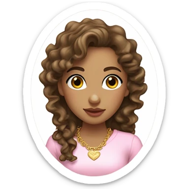 long curly haired, olive skinned, girl, brown eyes and brown hair with some meshes. a little curvy, oval face and plump pink lips. with a white long sleeved shirt and cute gold necklace and gold earrings. sticker