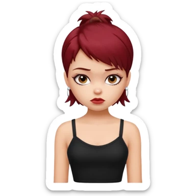 generate a pretty fair bratz girl with short dark red hair looking sad . Wearing a black cami sticker