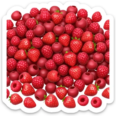 assorted red berries, small pile, strawberries, raspberries, currants, cherries, natural color and texture, glossy, 3D-rendered, minimal, no faces, transparent background sticker