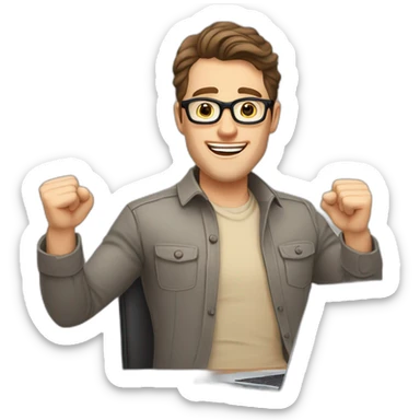 Joyful Celebrating victory Hands up Pale skinned Fit Man With dark brown hair in gray jacket, beige office shirt, Brown pants and vintage glasses sitting In a soft chair sticker