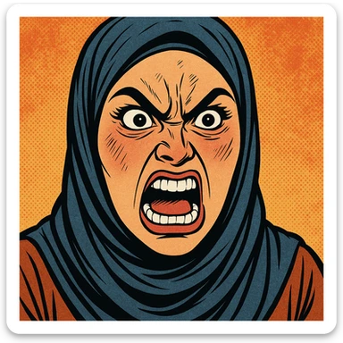 hijabi woman, exaggerated angry face, comic book style sticker