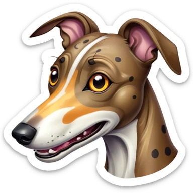 Cinematic Comical Brindle Greyhound Portrait Emoji, Head tilted dramatically with an exaggeratedly amused expression, featuring a striking brindle Fur with bold patterns, wide, expressive eyes filled with playful disbelief, Simplified yet hilariously expressive features, highly detailed, glowing with a slightly sassy glow, high shine, dramatic yet playful, stylized with an air of cheeky mischief, bright and endearing, soft glowing outline, capturing the essence of a spirited and over-the-top racer, so meme-worthy it feels like it could side-eye its way into internet fame instantly! sticker