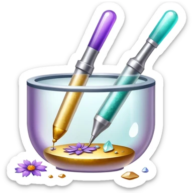 Jewelry making icon with epoxy resin used to encase materials like dried flowers, metals, stones, or pigments, resin with pearlescent, glitter, or shimmering effects, visible resin in tubes and mixing tools, minimalistic style, clean lines, transparent background. sticker