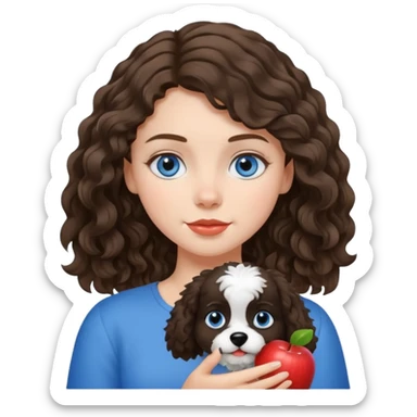 White Baltic girl with wavy brunette hair and blue eyes, holding her black and white fluffy dog, apple emoji style sticker