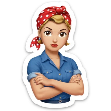 Rosie the Riveter iconic flexed arm pose, determined look, blue shirt, red polka dot bandana sticker