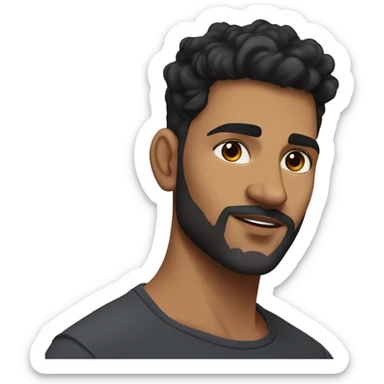 light brown skin indian man with black coloured short to medium curls hair with a skin fade on the sides with nicely shaped eyebrows with brown eyes and a beard thats not too thick and a good jawline but not too big and long of face sticker
