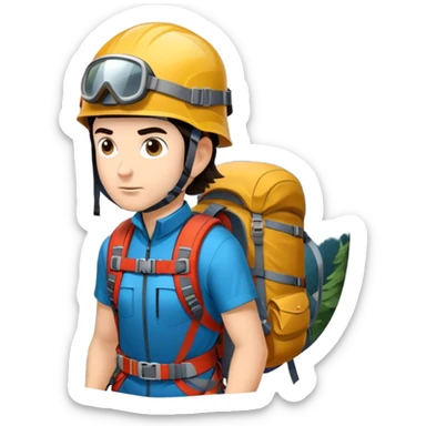 Icon for Mountain Tourism and Climbing: a mountain peak in the background, climbing gear and backpack. The icon should capture the adventure and challenge of alpine exploration. Transparent background. sticker