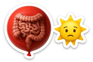 intestino umano anatomico chiuso in un palloncino rosso che simboleggia gonfiore, accanto un simbolo di sole stile emoji iphone che simboleggia "gonfiori di mattina", iperrealistico 4k sticker