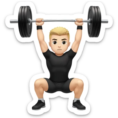 A boy with wheat color skin, black front spike and wearing a black shirt is doing an overhead squat with a lot of weight on the barbell sticker