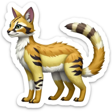 Colorful tropical tribal pale light fruity pastel white glorious iridescent divine exotic cute albino neon vibrant zigzagged cool beautiful fantasy-caracal-civet-genet-sergal-vernid-Gryphon-Cacomistle-Trico-oncilla-animal-Fakémon-hybrid-fursona (full body), facial markings,  sticker