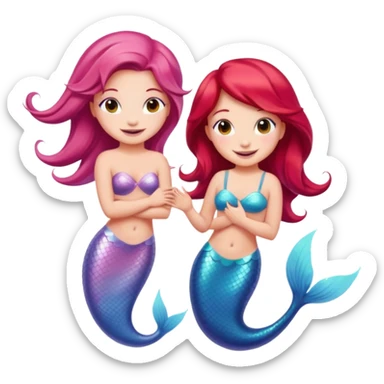 Cute iOS-style emoji of a pastel pink dolphin and a red-haired mermaid, smiling at each other. 
Simple vector emoji design, bold outlines, soft gradients, glossy look, centered, white background. sticker