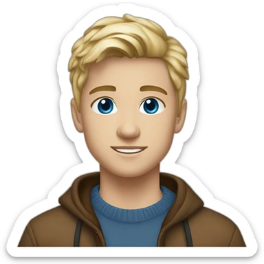 boy, blonde hair in middle parting, 22 years old, blue eyes, brown wool pullover, blue jeans, white low sneaker sticker