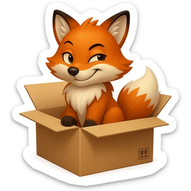 Change the fox's emotion to a more playful and cunning expression, keep it sitting in the box looking up, in emoji style. sticker