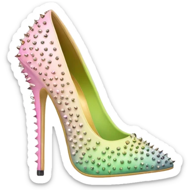 Hyper Realistic top front view of a pair of pastel pink,pastel green,and pastel yellow ombre gold studded pointed toe stiletto shoes.  sticker