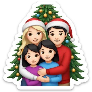 Generate Christmas-style emojis  family. Where light-skinned people stand near the tree all together, hugging and smiling. 2 girl should be Light-haired woman, 1 woman black-haired woman, and add 1 man  sticker