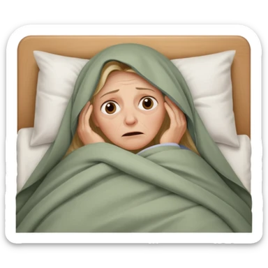 A 55-year-old woman lying in bed, unable to sleep. She looks exhausted and desperate, with visible dark circles under her eyes, tired facial expression. She is under the blankets, staring at the ceiling.  sticker