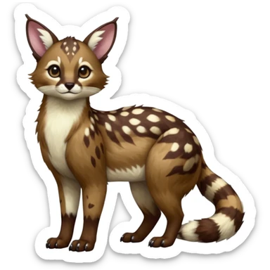 Colorful dark realistic chocolate-brown tropical beige fur glorious divine exotic cute cool beautiful shiny beautiful fantasy-Furret-Eevee-caracal-civet-genet-sergal-vernid-Cacomistle-oncilla-animal-Fakémon-hybrid-fursona with white deer-spots pattern markings (full body) sticker