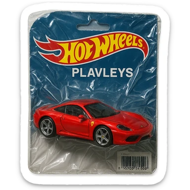 Hot Wheels packaging with a red Ferrari car labeled 'PLAVLEYS', glossy, no background sticker