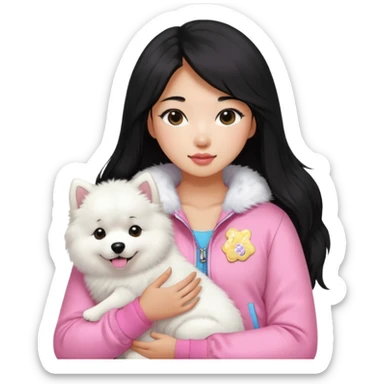 A black long hair asian pretty girl with a bright skintone using a baby pink juicy couture jacket with white tanktop holding a samoyed dog sticker