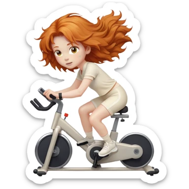 Ginger girl tousled hair riding stationary bike cream outfit sticker
