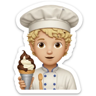boy blonde curly hair, chef, eating chocolate ice cream sticker