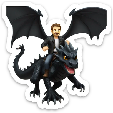 Confident White Man with dark brown hair and a short beard wearing black leather jacket and pants riding on the back of a giant black dragon sticker