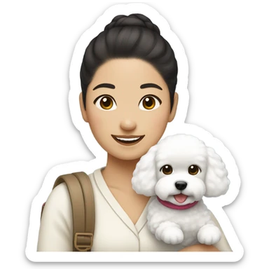 Hair-in-a-bun traveling Asian woman carrying a happy and cute bichon frise sticker