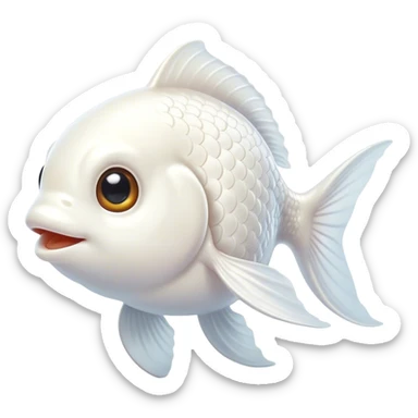 Cinematic Cute White Goldfish Portrait Emoji, Head tilted playfully and inquisitively, featuring a glossy, pure white body with delicate, shimmering scales and round, sparkling pale eyes filled with curiosity, Simplified yet irresistibly adorable features, highly detailed, glowing with a warm, friendly glow, high shine, affectionate and lively, stylized with a touch of whimsy, bright and endearing, soft glowing outline, capturing the essence of a mischievous yet loving goldfish, so playful it feels like it could swim out of the screen and into your heart! sticker