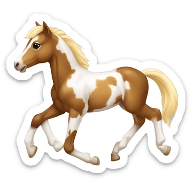 Piebald tricolor palomino yellow brown horse foal with dark brown splotches white patches baby running sticker