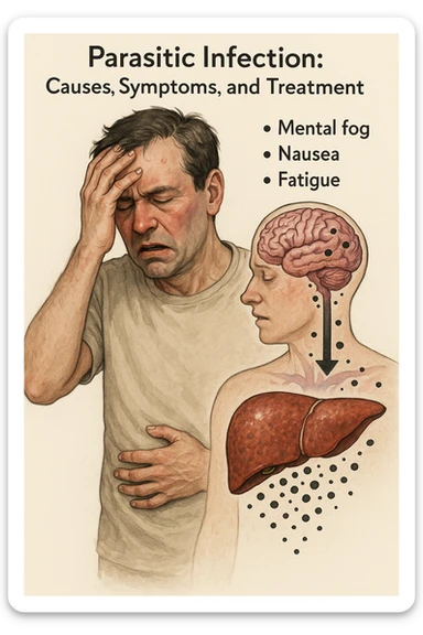 "Man feeling increasingly unwell as his liver fails to filter toxins, nausea, tiredness, and weakness overwhelming him as toxins infiltrate his brain causing confusion and irritability Parasitic Infection: Causes, Symptoms & Treatment, expression of mental fog and physical exhaustion, liver shown as overworked organ with reduced filtration capacity, toxic buildup affecting entire body systems" in italiano sticker
