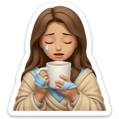 emoji-style illustration of a crying relaxed woman with long wavy brown hair, wrapped in a cozy beige blanket, holding a mug cup, eyes closed, sad and a bit anxious expression, soft 3D cartoon rendering, warm and comforting mood, plain background
 sticker