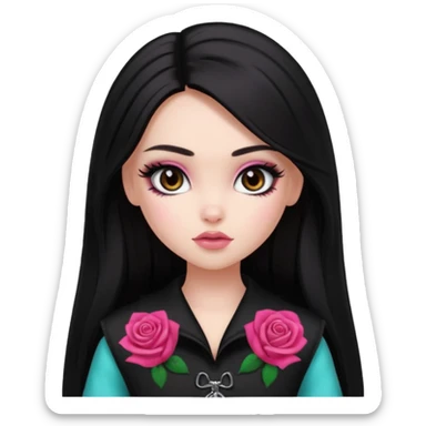 pale skin, girly bratz baddie, beautiful dark brown eyes, pretty makeup, long dark black straight hair, girly rose clothes sticker