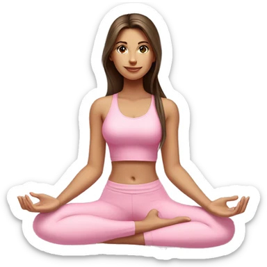 Brunette long hair and green eyes yoga beautiful girl in light pink pink pink clothes sitting on a yoga mat sticker