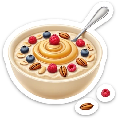 Cinematic creamy oatmeal, smooth texture with a swirl of honey on top, garnished with fresh berries and nuts, warm and comforting, cozy golden tones, rich and delicious. sticker