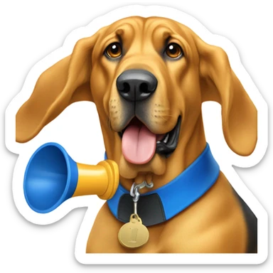 Gold and blue bloodhound as a referee blowing a whistle. sticker
