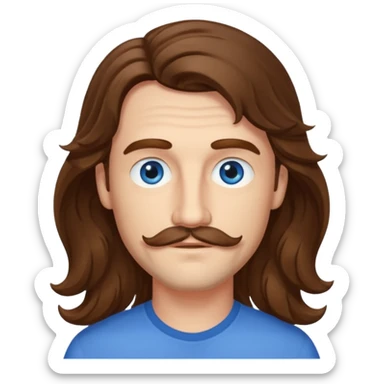 Benson Boone (b.2002) with blue eyes, brown long wavy hair and thin mustache sticker