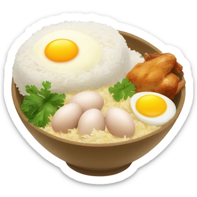 a bowl of rice with two eggs and two chicken thigh sticker