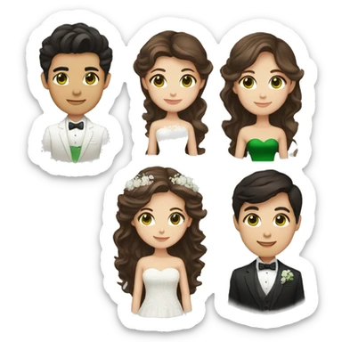 Wedding emoji, girl with Asian type of eye shape and green eyes and brown long hair and guy light dark skin with short curly hair and brown eyes sticker