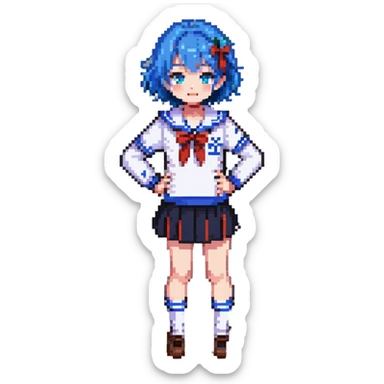 Pixel art anime girl with short bright blue hair wearing Japanese sailor style school uniform, trying to look confident with hand on hip but shyly waving with other hand, blushing cheeks and avoiding eye contact sticker