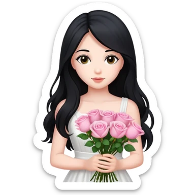 A beautiful girl with long black hair and a white dress is holding a bouquet of pink roses sticker