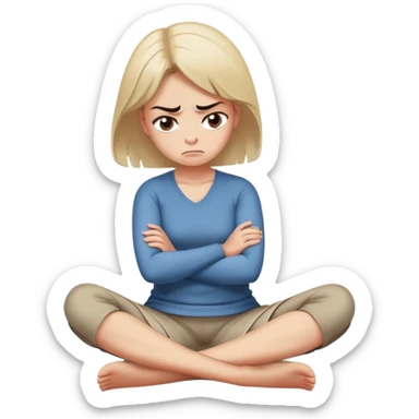 angry woman sitting cross-legged on floor with arms firmly crossed, face turned away, furrowed eyebrows and frowning expression, speech bubble ignored or crossed out nearby, back partially turned to conversation sticker
